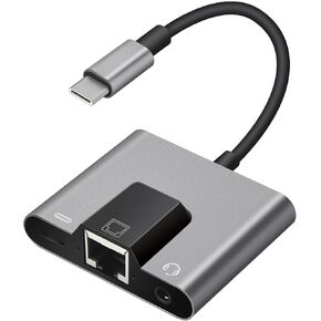 Type C to RJ45 Ethernet Adapter Network Adapter, Support 10/100Mbps Ethernet Network, with Type C Charge Port and 3.5mm Audio Jack, Compatible with iPhone 15/16/Android/i-Pad Pro/Mac/Galaxy