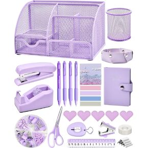 Purple Desk Accessories, 24Pcs Set Office Supplies and Desk Organizers, with Tape Dispenser, Stapler, Staple Remover, More