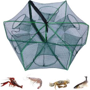 Minnow Fish Trap 6 Hole Portable Folding Fishing Net Trap Durable Nylon Mesh, Iron Frame Design with Floating Ring and Rope for Catching Live Bait, Fish, Crawfish, Shrimp, Trout