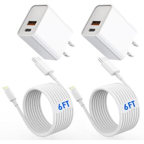 iPhone Fast Charger, iPhone Charger Fast Charging 2Pack PD 6FT Type C Quick USB C to Lightning Cable Cord Fast Charger iPhone USB C Wall Block Plug for iPhone 14 13 12 11 Pro Max XR XS X,iPad AirPods