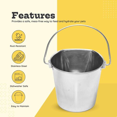 دلو الجانب المسطح الثقيل من الفولاذ المقاوم للصدأ 9 كوارت- طعام متين وماء من الكلاب والحصان واليائحة والأقفاص وصناديق المخلوقات- دلاء متعددة الأغراض خالية من الفوضى وخالية من الفوضى in Kuwait