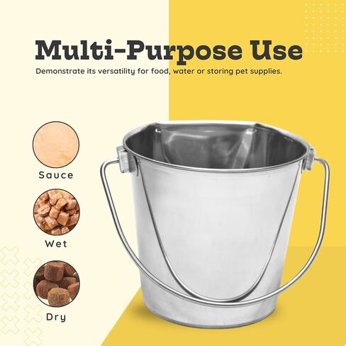 دلو الجانب المسطح الثقيل من الفولاذ المقاوم للصدأ 9 كوارت- طعام متين وماء من الكلاب والحصان واليائحة والأقفاص وصناديق المخلوقات- دلاء متعددة الأغراض خالية من الفوضى وخالية من الفوضى in Kuwait