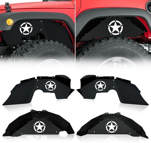 بطانات الرفارف الداخلية الأمامية والخلفية متوافقة مع 2007-2018 Jeep Wrangler JK & JKU Unlimited Sport Sahara Rubicon، واقيات الطين الفولاذية ذات شعار الإضاءة الحمراء وغطاء جيد لمصدات العجلات (2/4 أبواب) in Saudi Arabia
