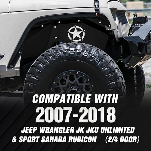 بطانات الرفارف الداخلية الأمامية والخلفية متوافقة مع 2007-2018 Jeep Wrangler JK & JKU Unlimited Sport Sahara Rubicon، واقيات الطين الفولاذية ذات شعار الإضاءة الحمراء وغطاء جيد لمصدات العجلات (2/4 أبواب) in Saudi Arabia