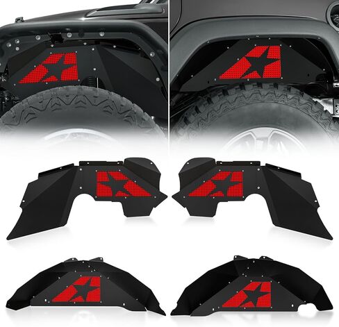 Front & Rear Inner Fender Liners Compatible with 2007-2018 Jeep Wrangler JK & JKU Unlimited Sport Sahara Rubicon, Steel Mud Guards Red Lightning Logo Wheel Well Cover Fenders Flares (2/4 Doors) in Kuwait