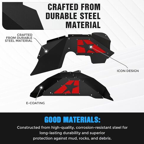 Front & Rear Inner Fender Liners Compatible with 2007-2018 Jeep Wrangler JK & JKU Unlimited Sport Sahara Rubicon, Steel Mud Guards Red Lightning Logo Wheel Well Cover Fenders Flares (2/4 Doors) in Kuwait