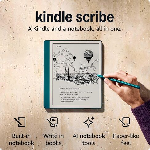 New Amazon Kindle Scribe (64GB) - Redesigned display with uniform borders. Now write directly on books and documents. With built-in notebook summarization. Includes Premium Pen - Metallic Jade in Kuwait