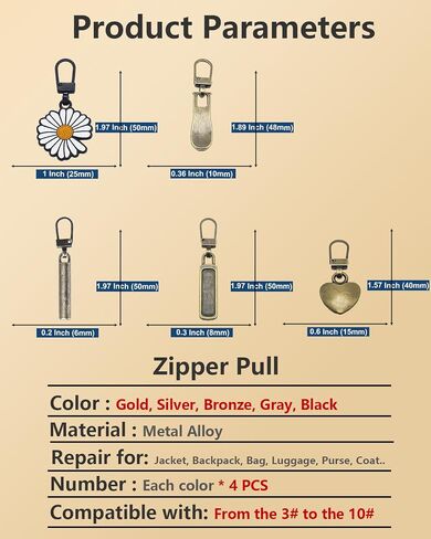 Cunswen 16 pcs Zipper Pull Replace Universal Replacement Szipper Pull Repair for Stacks ، Backpack ، Bag ، Laggage ، Lase ، Coat ، Pants (أسطوانية ، على شكل قلب ، ممدودة ، متموجة) in Saudi Arabia