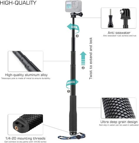 مقاومة للماء Selfie Stick Pole Grip Monopod تحت الماء لـ GoPro Hero 13 12 11 10 9 8 7 6 5 Akaso Dji Osmo 5 Pro Action Camera Black in Kuwait