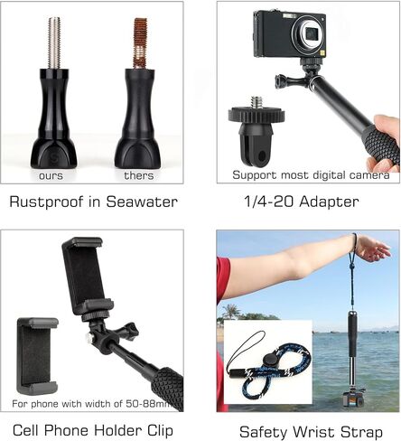 مقاومة للماء Selfie Stick Pole Grip Monopod تحت الماء لـ GoPro Hero 13 12 11 10 9 8 7 6 5 Akaso Dji Osmo 5 Pro Action Camera Black in Kuwait