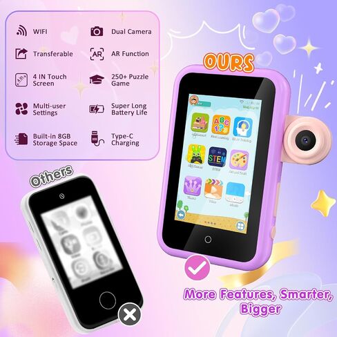 VATOS Kids Smart Phone Toy for Girls Boys 3 4 5 6 7 8 9 Years Old, 4" Large Touchscreen Spider Style Kids Cell Phone with Dual Camera, Music Player, Puzzle Game, 8GB Memory Learning Toy Birthday Gift in Kuwait