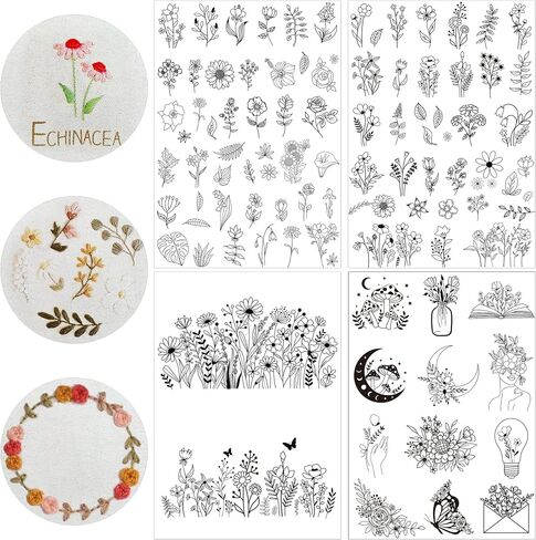 Water Soluble Embroidery Paper - Stick and Stitch Embroidery Paper Wash Away, 4 Sheet Hand Sewing Stabilizer for Embroidery, Mushroom, Butterfly, Boho Flower Designs in Saudi Arabia