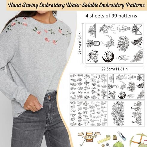 Water Soluble Embroidery Paper - Stick and Stitch Embroidery Paper Wash Away, 4 Sheet Hand Sewing Stabilizer for Embroidery, Mushroom, Butterfly, Boho Flower Designs in Saudi Arabia