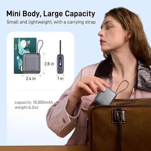 Small Portable Charger,10000mAh Fast Charging Mini Power Bank with Built-in Lightning & USB C Cable LED Display, Travel Essential Battery Pack Compatible with iPhone,Samsung,Android (Gray) in Saudi Arabia