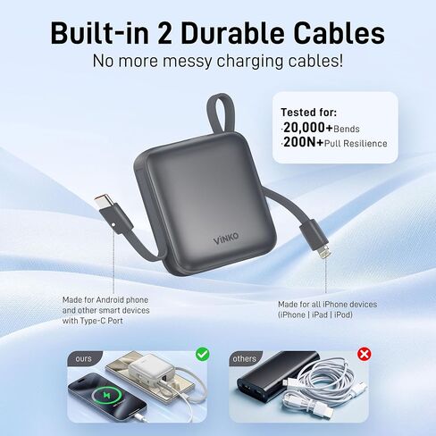 Small Portable Charger,10000mAh Fast Charging Mini Power Bank with Built-in Lightning & USB C Cable LED Display, Travel Essential Battery Pack Compatible with iPhone,Samsung,Android (Gray) in Saudi Arabia