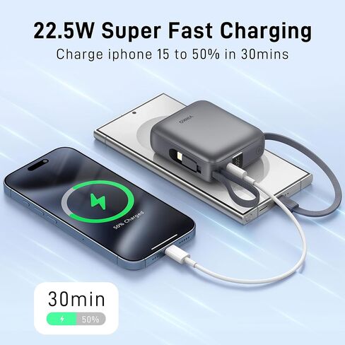 Small Portable Charger,10000mAh Fast Charging Mini Power Bank with Built-in Lightning & USB C Cable LED Display, Travel Essential Battery Pack Compatible with iPhone,Samsung,Android (Gray) in Saudi Arabia