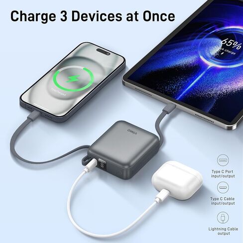 Small Portable Charger,10000mAh Fast Charging Mini Power Bank with Built-in Lightning & USB C Cable LED Display, Travel Essential Battery Pack Compatible with iPhone,Samsung,Android (Gray) in Saudi Arabia
