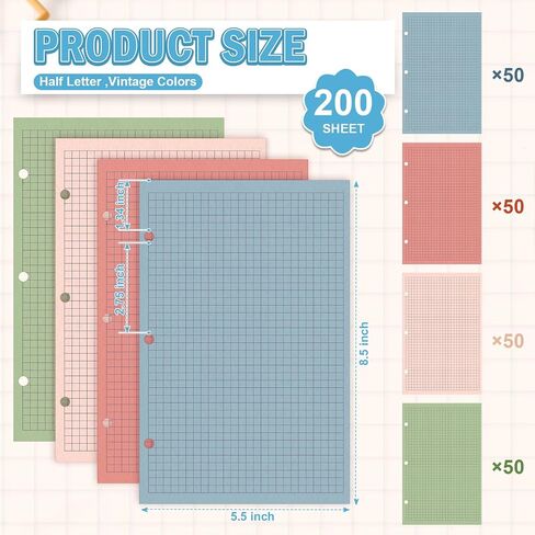 200 Sheets Half Letter 3 Hole Notebook Refill Paper 5-1/2 x 8-1/2 Loose Leaf Paper for Mini Binder Colored Lined Paper Bulk College Ruled Filler Paper for Planner Inserts for School Office in Kuwait