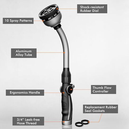 RESTMO Watering Wand Heavy Duty, Metal Garden Hose Wand with 10 Spray Patterns, 15-Inch Long Hose Nozzle Sprayer with Thumb Flow Control, Ideal to Water Hanging Baskets and Shrubs in Saudi Arabia