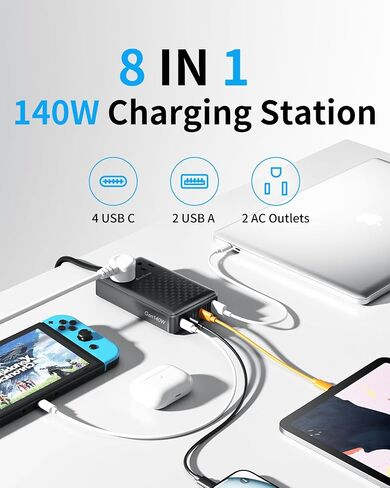 محطة الشحن 140W USB C كتلة الشاحن ، محول GAN III III 8-in-1 Fast Charge Station Hub ， PD 65W محول الشاحن المحمول المتوافق مع MacBook Air/Pro ، iPhone16/15 ، Galaxy S24 إلخ in Kuwait