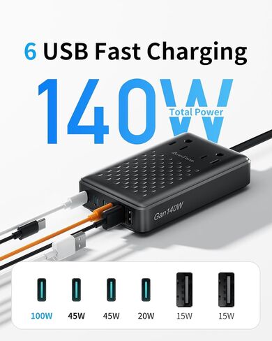 محطة الشحن 140W USB C كتلة الشاحن ، محول GAN III III 8-in-1 Fast Charge Station Hub ， PD 65W محول الشاحن المحمول المتوافق مع MacBook Air/Pro ، iPhone16/15 ، Galaxy S24 إلخ in Kuwait