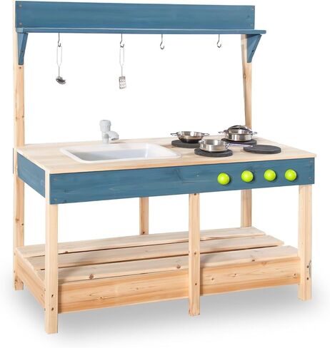 Mud Kitchen Playset for, Outdoor Wooden Toy Play Kitchen Set for Boys and Girls, Kitchen Accessories and Garden Sink with Faucet, Blackboard, Cookware Pot (Blue1) in Saudi Arabia
