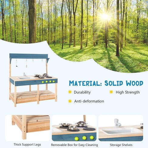 Mud Kitchen Playset for, Outdoor Wooden Toy Play Kitchen Set for Boys and Girls, Kitchen Accessories and Garden Sink with Faucet, Blackboard, Cookware Pot (Blue1) in Saudi Arabia
