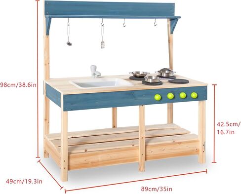 Mud Kitchen Playset for, Outdoor Wooden Toy Play Kitchen Set for Boys and Girls, Kitchen Accessories and Garden Sink with Faucet, Blackboard, Cookware Pot (Blue1) in Saudi Arabia