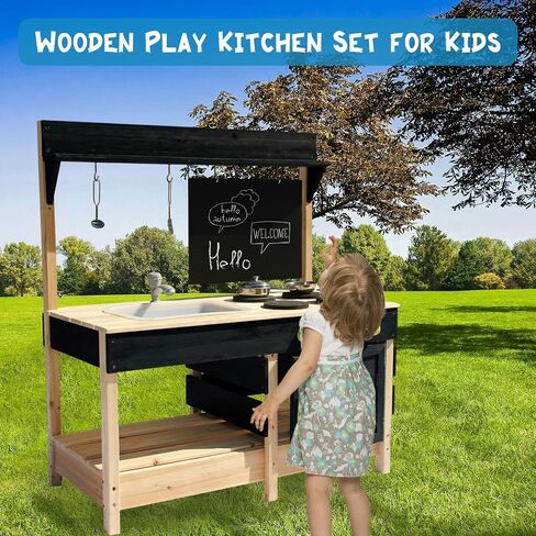 Mud Kitchen Playset for, Outdoor Wooden Toy Play Kitchen Set for Boys and Girls, Kitchen Accessories and Garden Sink with Faucet, Blackboard, Cookware Pot (Blue1) in Saudi Arabia