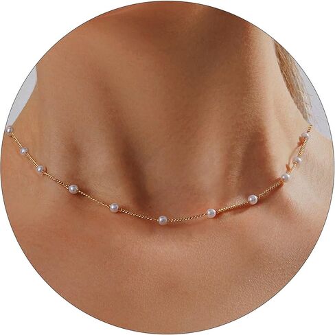Partm Pearl Necklace for Women Trendy 14K Gold Plated Dainty Pearl Pendant Choker Set Handmade Pearl Gold Necklace Non Tarnish Simple Cute Jewelry Gifts for Women in Kuwait