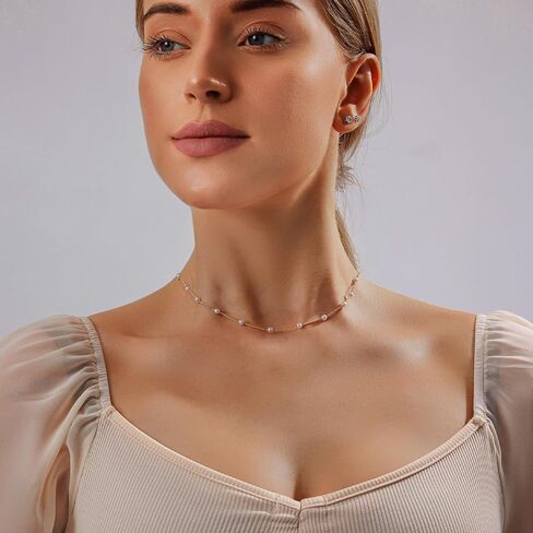 Partm Pearl Necklace for Women Trendy 14K Gold Plated Dainty Pearl Pendant Choker Set Handmade Pearl Gold Necklace Non Tarnish Simple Cute Jewelry Gifts for Women in Kuwait