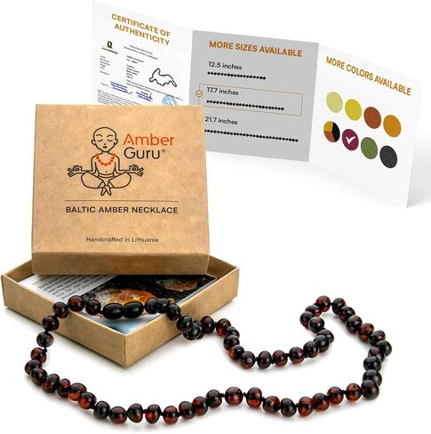 Baltic Amber Necklace for Women and Men (Authentic, Certified) - 17.7 inches, Black (Raw/Unpolished) - Unisex Amber Jewelry for Adults - Amber Bead Necklace by Amber Guru in Kuwait