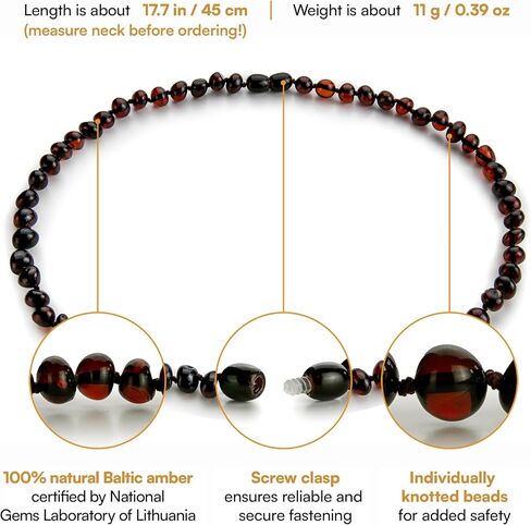 Baltic Amber Necklace for Women and Men (Authentic, Certified) - 17.7 inches, Black (Raw/Unpolished) - Unisex Amber Jewelry for Adults - Amber Bead Necklace by Amber Guru in Kuwait