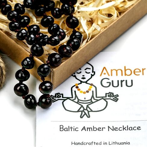 Baltic Amber Necklace for Women and Men (Authentic, Certified) - 17.7 inches, Black (Raw/Unpolished) - Unisex Amber Jewelry for Adults - Amber Bead Necklace by Amber Guru in Kuwait