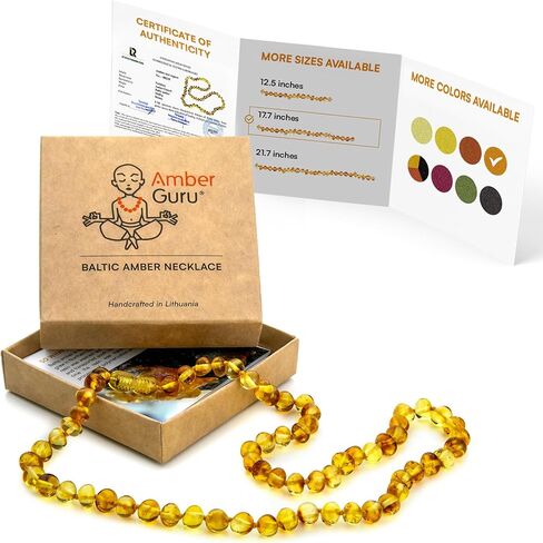 Baltic Amber Necklace for Women and Men (Authentic, Certified) - 17.7 inches, Black (Raw/Unpolished) - Unisex Amber Jewelry for Adults - Amber Bead Necklace by Amber Guru in Kuwait