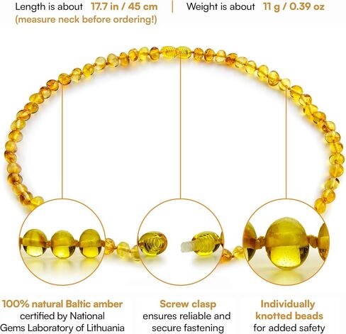Baltic Amber Necklace for Women and Men (Authentic, Certified) - 17.7 inches, Black (Raw/Unpolished) - Unisex Amber Jewelry for Adults - Amber Bead Necklace by Amber Guru in Kuwait