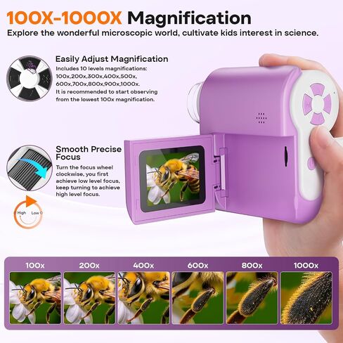 LAKWAR Portable Handheld Microscope for Kids with 2-inch-Screen: 1000x HD Digital Microscope for Kids Educational Science Kit, Christmas Birthday Gifts for Kids Age 5 6 7 8 9 10 11 12 (Pink) in Saudi Arabia