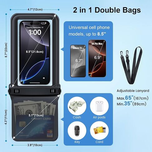 Waterproof Phone Pouch Floating, Double Bags Waterproof Phone Case with Lanyard for iPhone 16 15 Pro Max, Galaxy S24 S23 Ultra, IPX8 Cellphone Dry Bag Beach Travel Cruise Essentials 2Pack-8.5'' in Saudi Arabia