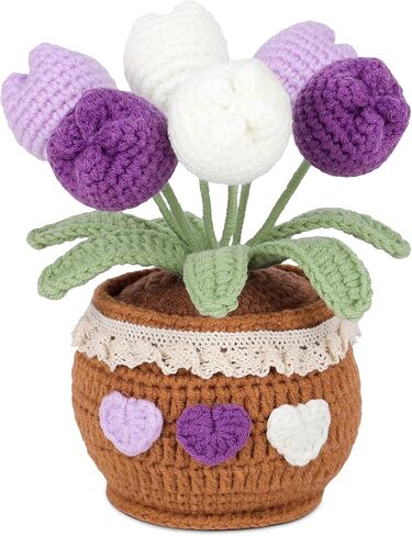 Yellow Tulips Crochet Flower in Pot, Handmade Potted Crocheted Flowers Knitted Flower Bouquet Finished Fake Flower Tulip Gift for Girlfriend Women Home Office Decoration in Saudi Arabia