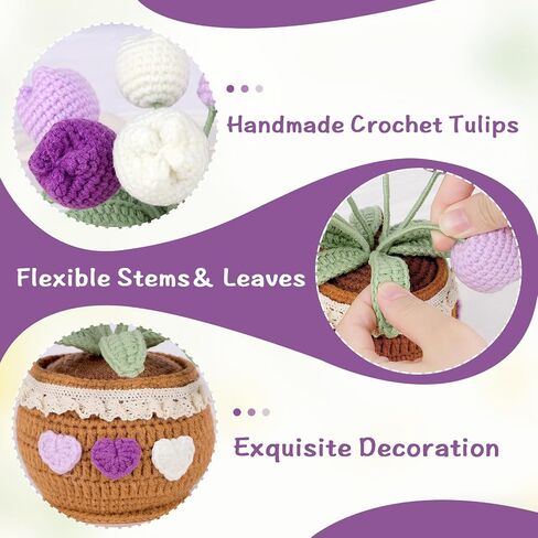 Yellow Tulips Crochet Flower in Pot, Handmade Potted Crocheted Flowers Knitted Flower Bouquet Finished Fake Flower Tulip Gift for Girlfriend Women Home Office Decoration in Saudi Arabia