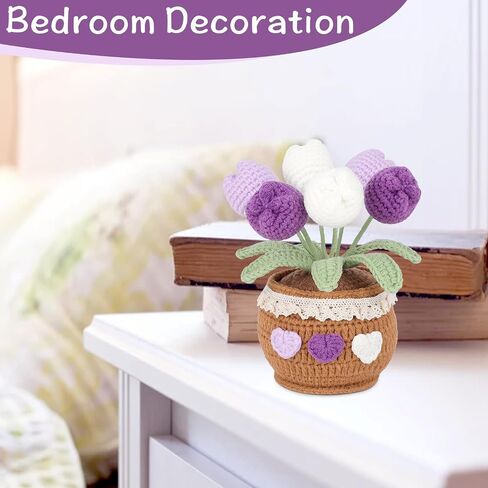 Yellow Tulips Crochet Flower in Pot, Handmade Potted Crocheted Flowers Knitted Flower Bouquet Finished Fake Flower Tulip Gift for Girlfriend Women Home Office Decoration in Saudi Arabia