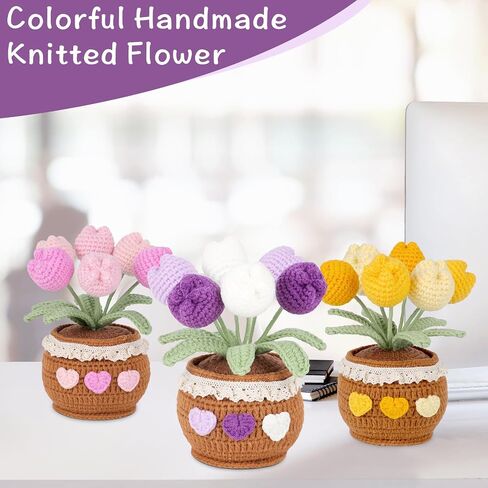 Yellow Tulips Crochet Flower in Pot, Handmade Potted Crocheted Flowers Knitted Flower Bouquet Finished Fake Flower Tulip Gift for Girlfriend Women Home Office Decoration in Saudi Arabia
