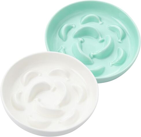 Cat Slow Feeder Bowl Set - 2 Pcs Ceramic Cat Food Plates for Slow Eating - Double Cat Dish for Dry Wet Food - Slow Feeding Cat Bowls Whisker Friendly - Microwave and Dishwasher Safe - White and Blue in Saudi Arabia