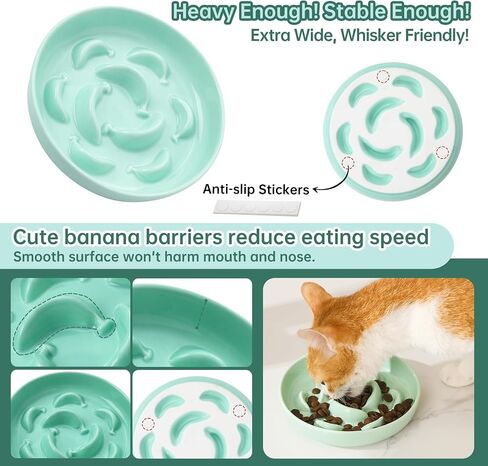 Cat Slow Feeder Bowl Set - 2 Pcs Ceramic Cat Food Plates for Slow Eating - Double Cat Dish for Dry Wet Food - Slow Feeding Cat Bowls Whisker Friendly - Microwave and Dishwasher Safe - White and Blue in Saudi Arabia