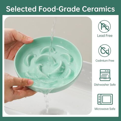 Cat Slow Feeder Bowl Set - 2 Pcs Ceramic Cat Food Plates for Slow Eating - Double Cat Dish for Dry Wet Food - Slow Feeding Cat Bowls Whisker Friendly - Microwave and Dishwasher Safe - White and Blue in Saudi Arabia