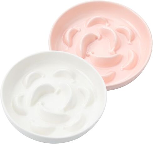 Cat Slow Feeder Bowl Set - 2 Pcs Ceramic Cat Food Plates for Slow Eating - Double Cat Dish for Dry Wet Food - Slow Feeding Cat Bowls Whisker Friendly - Microwave and Dishwasher Safe - White and Blue in Saudi Arabia