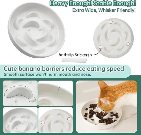 Cat Slow Feeder Bowl Set - 2 Pcs Ceramic Cat Food Plates for Slow Eating - Double Cat Dish for Dry Wet Food - Slow Feeding Cat Bowls Whisker Friendly - Microwave and Dishwasher Safe - White and Blue in Saudi Arabia