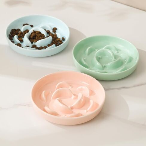 Cat Slow Feeder Bowl Set - 2 Pcs Ceramic Cat Food Plates for Slow Eating - Double Cat Dish for Dry Wet Food - Slow Feeding Cat Bowls Whisker Friendly - Microwave and Dishwasher Safe - White and Blue in Saudi Arabia
