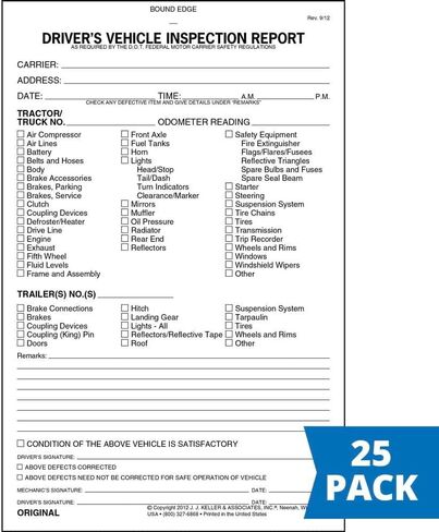 Detailed Driver's Vehicle Inspection Report 100-pk. - Book Format with 31 Sets, 2-Ply with Carbon, 5.5" x 8.5", Meet FMCSR Requirements, J. J. Keller & Associates, Inc. in Saudi Arabia