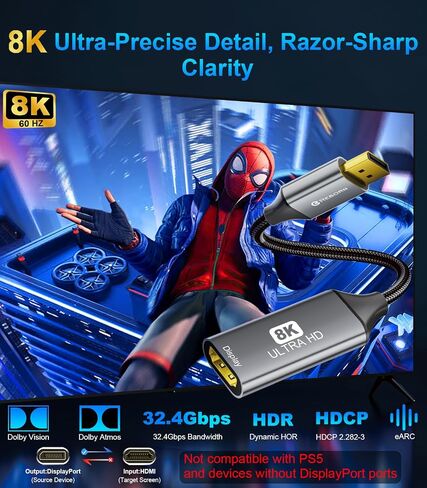 Reborn DisplayPort 1.4 إلى HDMI 2.1 محول 8K@60Hz/4K@120Hz أحادي الاتجاه DP ذكر إلى محول منفذ محول أنثى HDMI لجهاز الكمبيوتر RTX/AMD - غير متوافق PS5 in Kuwait